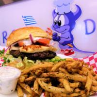 Greek Burger · 1/4 lb angus beef topped with lettuce, tomato, onion, feta cheese and tzatziki on a gourmet ...