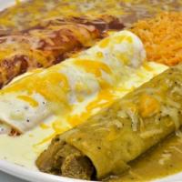 Enchiladas Trio · 1 cremada, 1 suiza and 1 mole sauce filled with your choice cheese, chicken, ground beef or ...