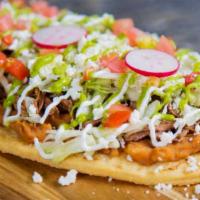 Huaraches · Grilled chicken, pastor, asada or pork. Topped with lettuce, tomatoes, radish, ranchero, che...