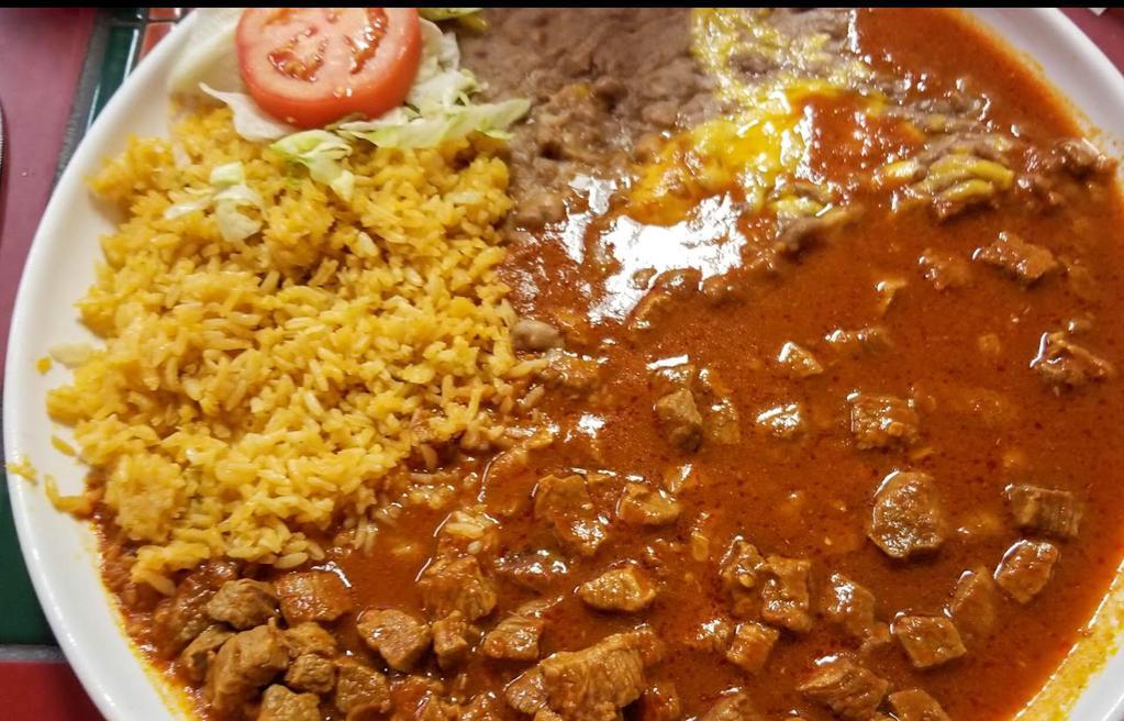 Chile Colorado · Chunck of beef cooked in a tasty chile sauce. ( Red sauce )