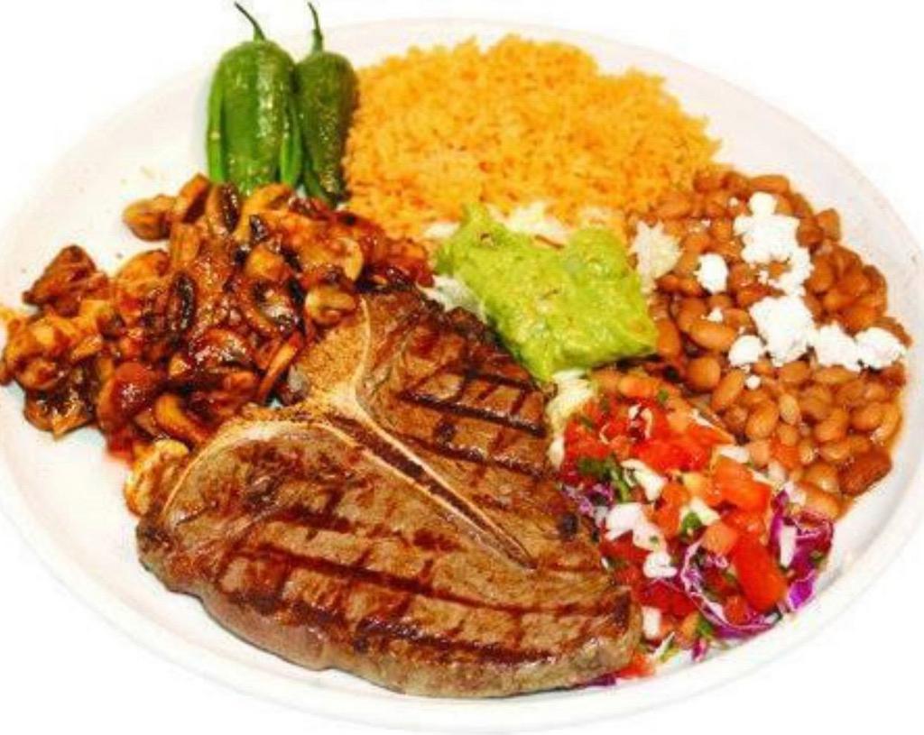 T - Bone · Definitely for the meat lover!! A hearty 12-oz T-Bone steak charbroiled and smothered with sautéed  mushrooms. Served with rice, whole beans, pico de gallo and guacamole.