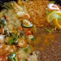 Camarones Vallarta · Sauteed shrimp with delicious Mexican sauce, broccoli, onions, mushrooms and bell peppers. T...