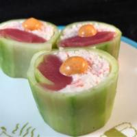 3 Piece Fresh Roll · Tuna and crab salad inside. Wrapped with cucumber and topped with spicy mayo.