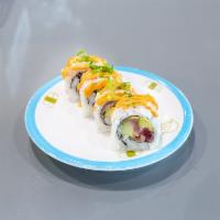 4 Piece Pepper Tuna Roll · Pepper tuna, avocado and cucumber inside. Topped with spicy mayo and onions.