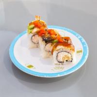 3 Piece Dragon Roll · Tempura shrimp and crab salad inside. Topped with eel, avocado, masago and teriyaki sauce.