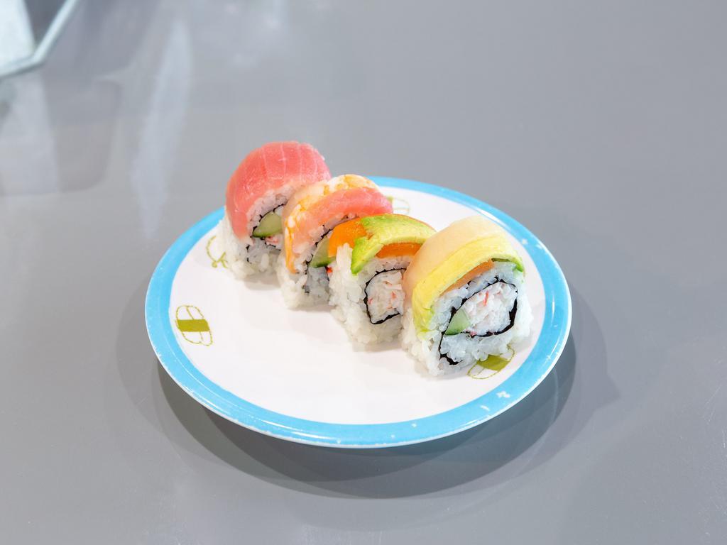 4 Piece Rainbow Roll · Crab salad and cucumber inside. Topped with salmon, tuna, shrimp and avocado.