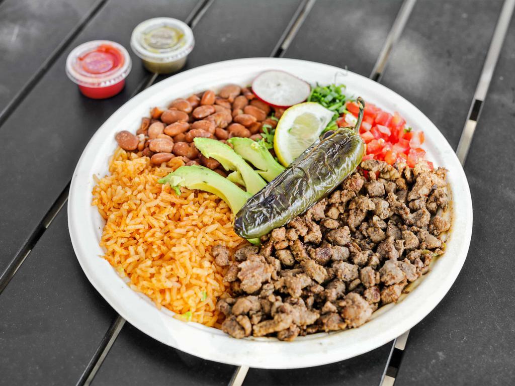 Plato Mexicano · Served with your choice of carne asada, grill sirlion, pollo asada, grilled chicken or fish, corn tortillas, riceand beans, pico de gallo and avocado.
