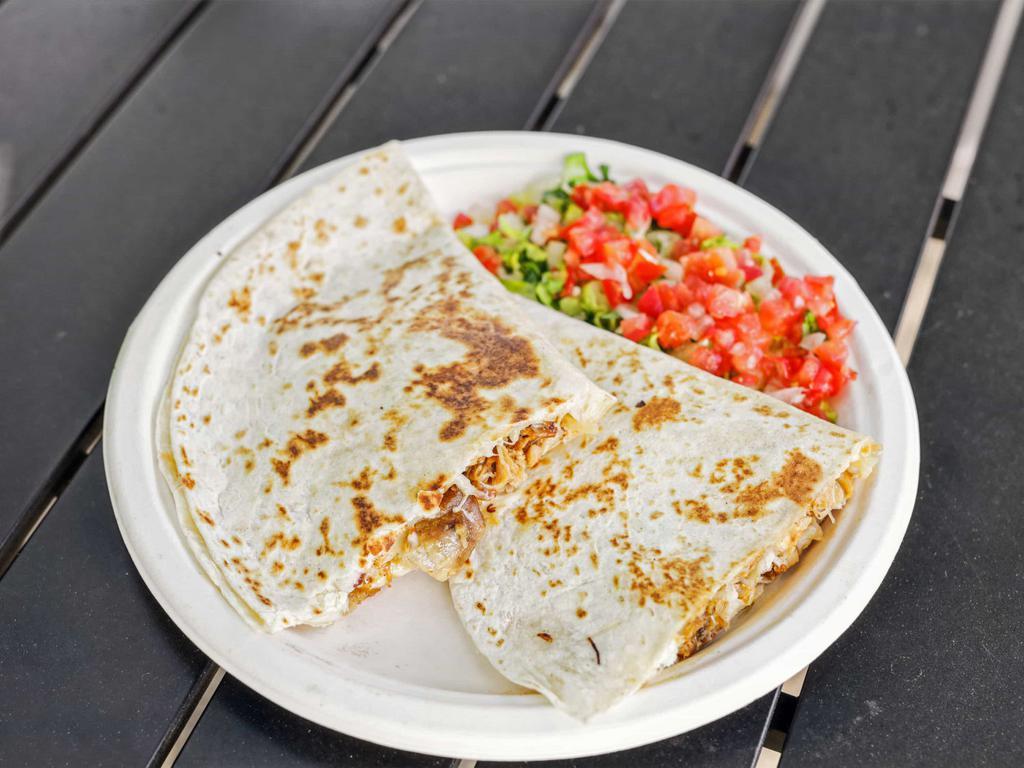 Quesadillas · Flour tortilla filled with your choice of meat or grilled vegetables, cheese, lettuce and pico de gallo.
