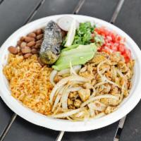 Pollo Encebollado · Chicken with onion. Chicken with grilled onions, tomatoes. Served with rice and beans.
