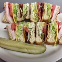 Club Sandwich · Ham or turkey with cheese, bacon, lettuce, tomatoes, mayo and peach half.