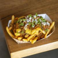 Chili Cheese Fries · Seasoned fries with texas style  chili, cheese, diced onion & scallion
