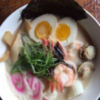 4. Champon Ramen · Rich and creamy white broth topped with seafood, scallions, fish tofu, boil egg, black fungu...