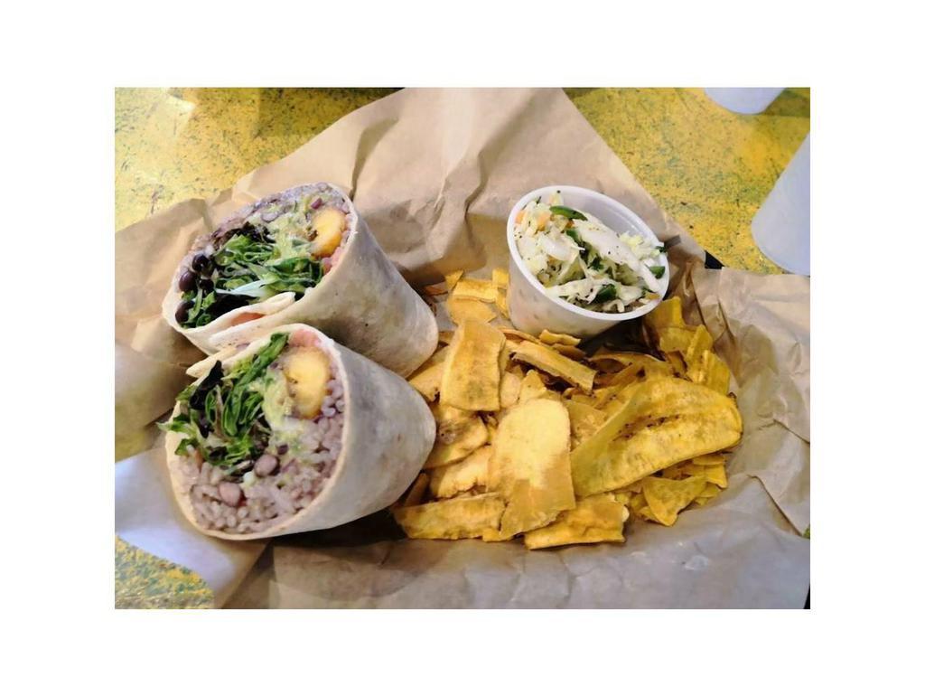 Veggie Wrap · Romaine, cucumbers, tomatoes, queso fresco, red onions, cilantro, guacamole & habanero aioli, wrapped with white rice, black beans & a sweet plantain served with side of plantain chips & veggie-citrus & jalapeño slaw 