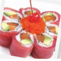 Orange Blossom Roll · Salmon (tuna) & avocado topped with tuna (salmon).