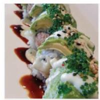 Green Dragon Roll · Shrimp tempura, crab meat & cucumber topped with avocado, tobiko, eel sauce & wasabi mayo.