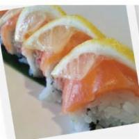 49ers Roll · California roll topped with salmon, lemon slice & mustard ponzu.