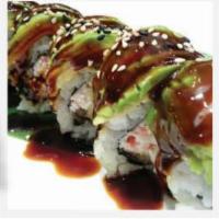 Caterpillar Roll · Eel, crab meat & cucumber topped with avocado, tobiko & eel sauce.