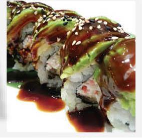 Caterpillar Roll · Eel, crab meat & cucumber topped with avocado, tobiko & eel sauce.