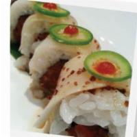 Story Roll · Spicy tuna roll topped with white fish sliced jalapeno & mustard ponzu.