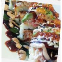 Godzilla Roll · Deep-fried spicy fish & cream cheese topped with avocado, crab meat, tobiko, eel sauce, & sp...