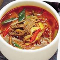 Spicy Beef Soup with Pumplings · Stew with beef, dumplings, vegetables, clear noodle, & egg.
