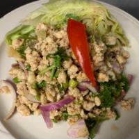 Larb Lunch · Minced Chicken Wrap in Chili lime juice. Hot and spicy.