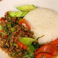 Siamese Ka Prow Lunch · Minced chicken or beef in chili garlic, lemongrass and kaffir leaves. Served with jasmine ri...