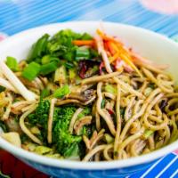 Charlie's Chow Mein Bowl · Eggless wheat noodles, mushrooms and organic veggie medley cooked in our black bean sauce. G...