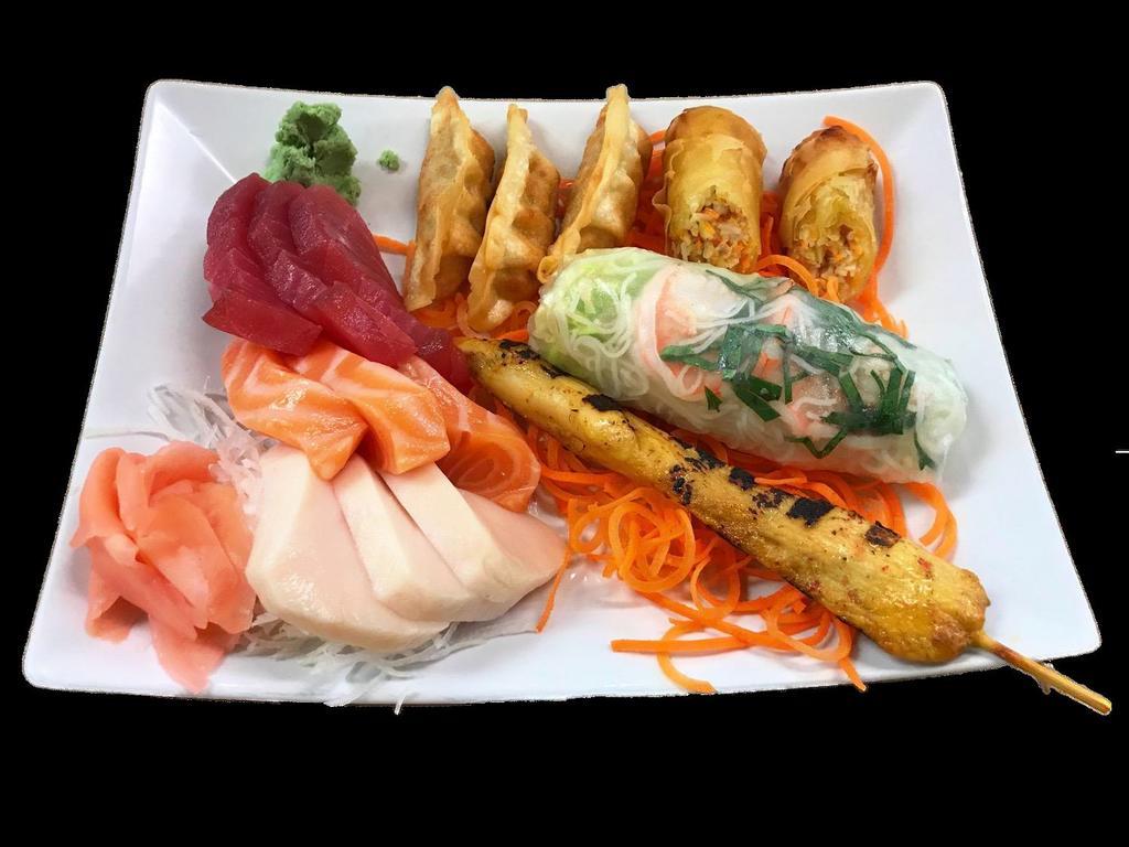 Asian Progression · A sample platter featuring summer roll, spring roll, sashimi, fried dumplings and chicken satay.