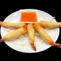 Shrimp in Blanket · Shrimp with chicken stuffing, wrapped in spring roll skin, deep fried and served with a swee...