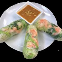 Summer Rolls · Rice noodles wrapped with lettuce, clear noodles, basil, shrimp and peanuts served with pean...