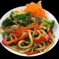 Stir Fried Udon Noodle · Stir fried udon noodles with bean sprouts, mushrooms, scallions, cabbage, carrots, broccoli ...