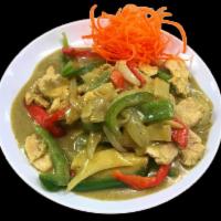 Green Curry · Green curry sauce with bamboo shoots, bell peppers, onions and basil. Served with choice of ...
