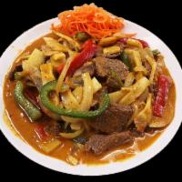 Panang Curry · Sauteed bell peppers, onions, basil and bamboo shoots in a panang curry sauce. Served with c...