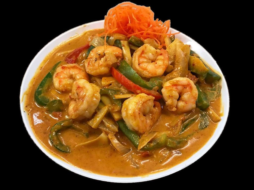 Red Curry · Red curry sauce with bamboo shoots, bell peppers, onions and basil. Served with choice of protein and rice.