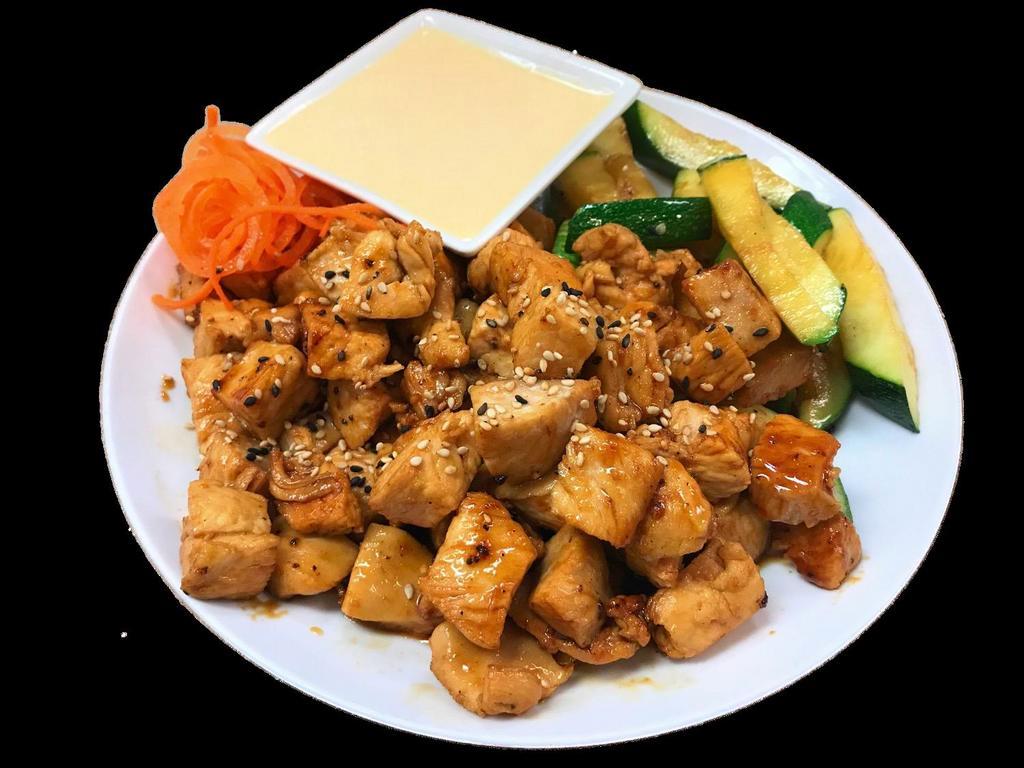 Hibachi Chicken · Grilled chicken with zucchini in a hibachi sauce. Served with choice of rice and either side.
