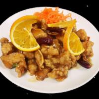 Orange Chicken · Stir-fried in a sweet and sour orange sauce with scallions and dried chillies. Served with c...