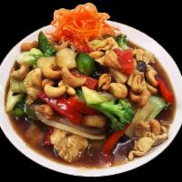 Thai Cashew Nuts · Choice of beef, chicken or shrimp with broccoli, bok choy, onions, bell peppers and water ch...