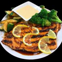 Hibachi Salmon · Grilled with broccoli and zucchini in hibachi sauce. Served with choice of rice and either s...
