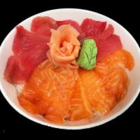 Sake Tekka Don Combo · 6 pieces of salmon and 6 pieces of tuna served over sushi rice, house salad and miso soup.