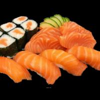 Salmon Lover Combo · 4 pieces of salmon nigiri, 6 pieces of salmon sashimi and a salmon roll. Served with house s...