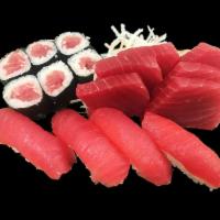 Tuna Lover Combo · 4 pieces of tuna nigiri, 6 pieces of tuna sashimi and a tuna roll. Served with house salad a...
