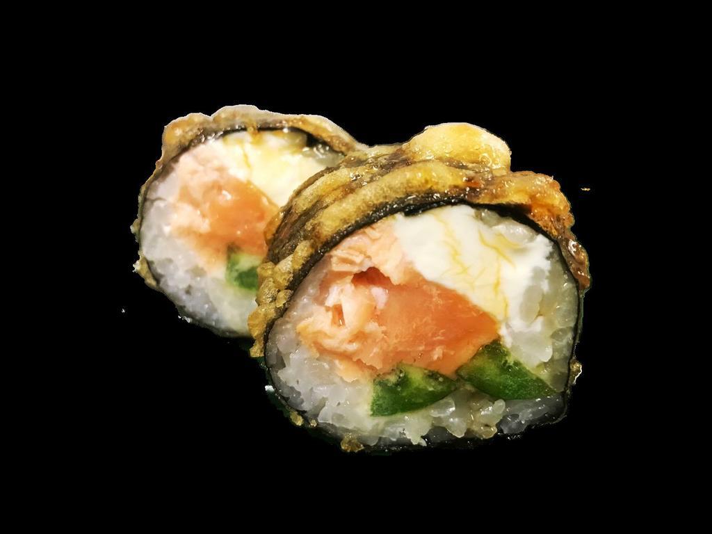 Acapulco Roll · Jalapenos, cream cheese and salmon prepared tempura style and topped with wasabi and eel sauce.