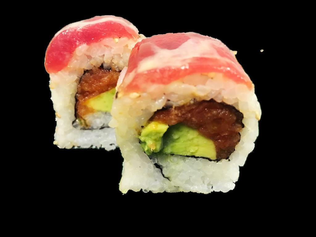 Blossom Roll · Spicy tuna and avocado topped with tuna and wasabi and eel sauce.