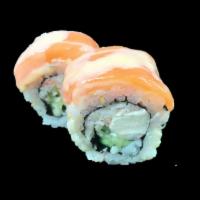 Cesar Roll · Snow crab, ebi shrimp, cucumber and cream cheese, topped with salmon and creamy white sauce.