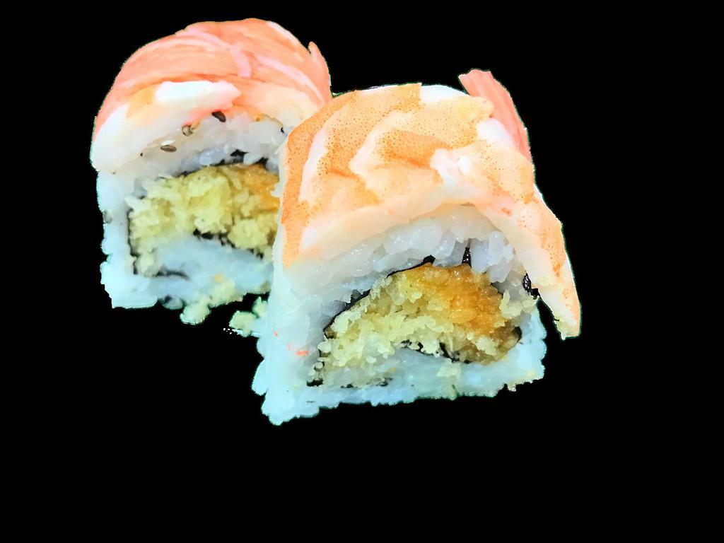Crunchy Roll · Tempura flakes and spicy mayo topped with shrimp and crab stick.