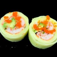 Cucumber Special Roll · Crab stick, avocado and masago wrapped with cucumber, served with rice vinegar sauce. No rice.