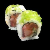 Green River Roll · Yellowtail, spicy tuna and cucumber topped with wasabi tobiko and wasabi sauce.