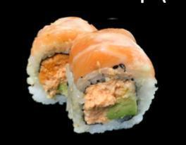 Momo Roll · Spicy scallop and avocado inside topped with salmon and chef's special eel and wasabi sauce.