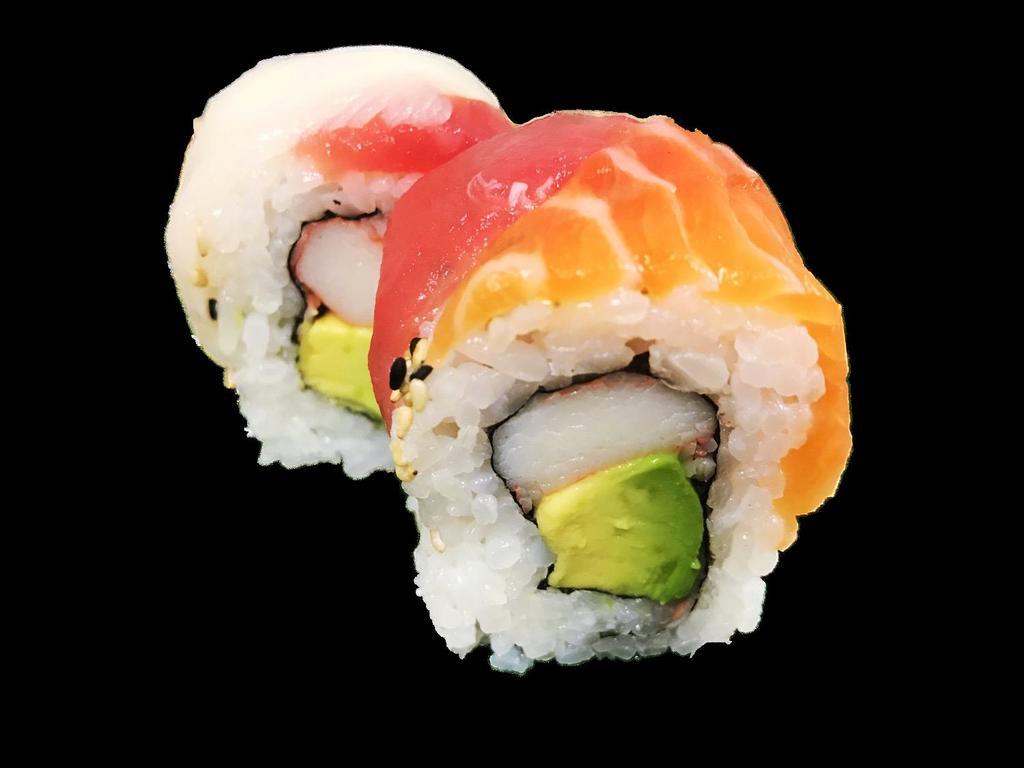 Rainbow Roll · California roll topped with salmon, tuna and white tuna.
